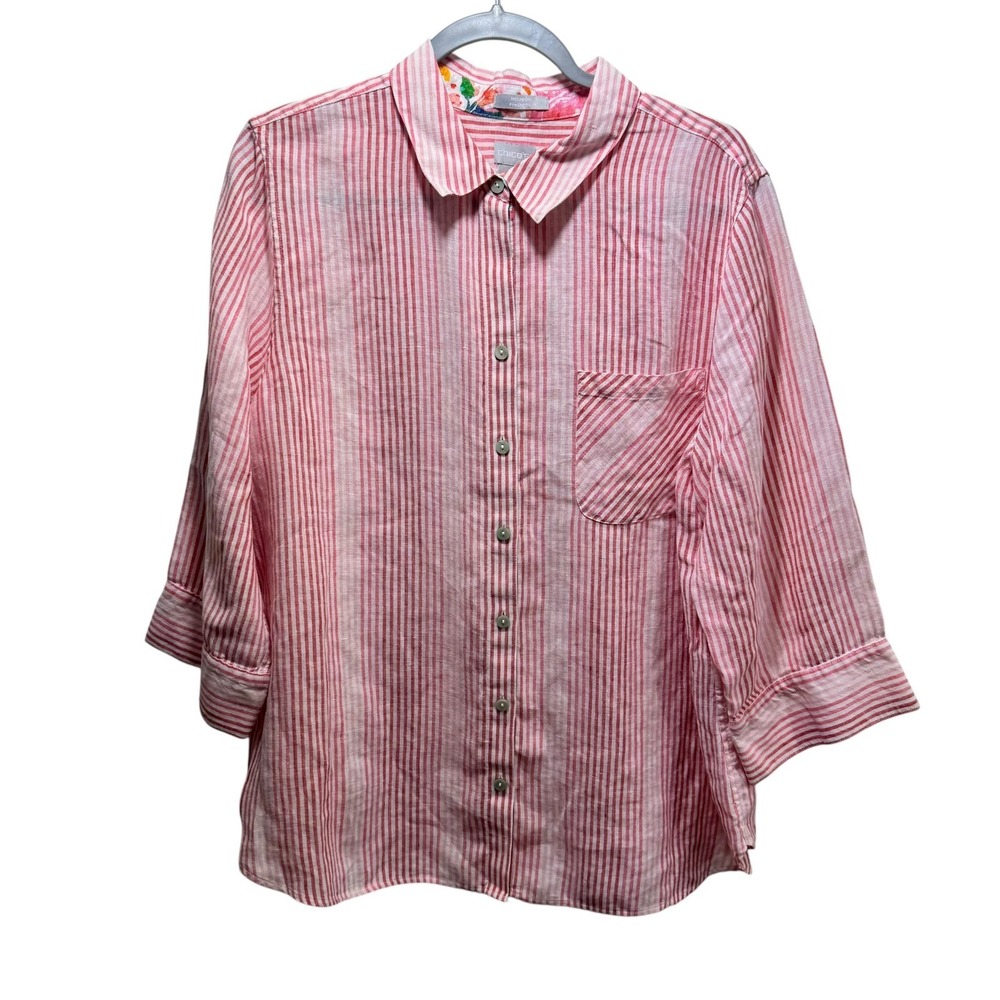 Chicos 100% Linen Resort Preppy Lagenlook Striped Button Up Top 16-18 Red White